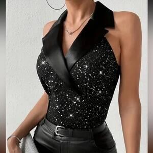 Elegant Holiday Tank Top - Sleeveless Lapel Neck, Skinny Fit,